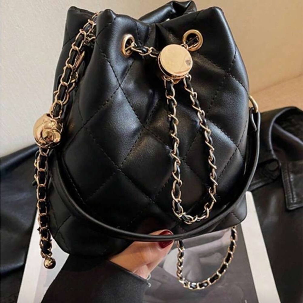 Black Quilted Mini Bucket Bag with Gold Chain Accent - Picture 7 of 13